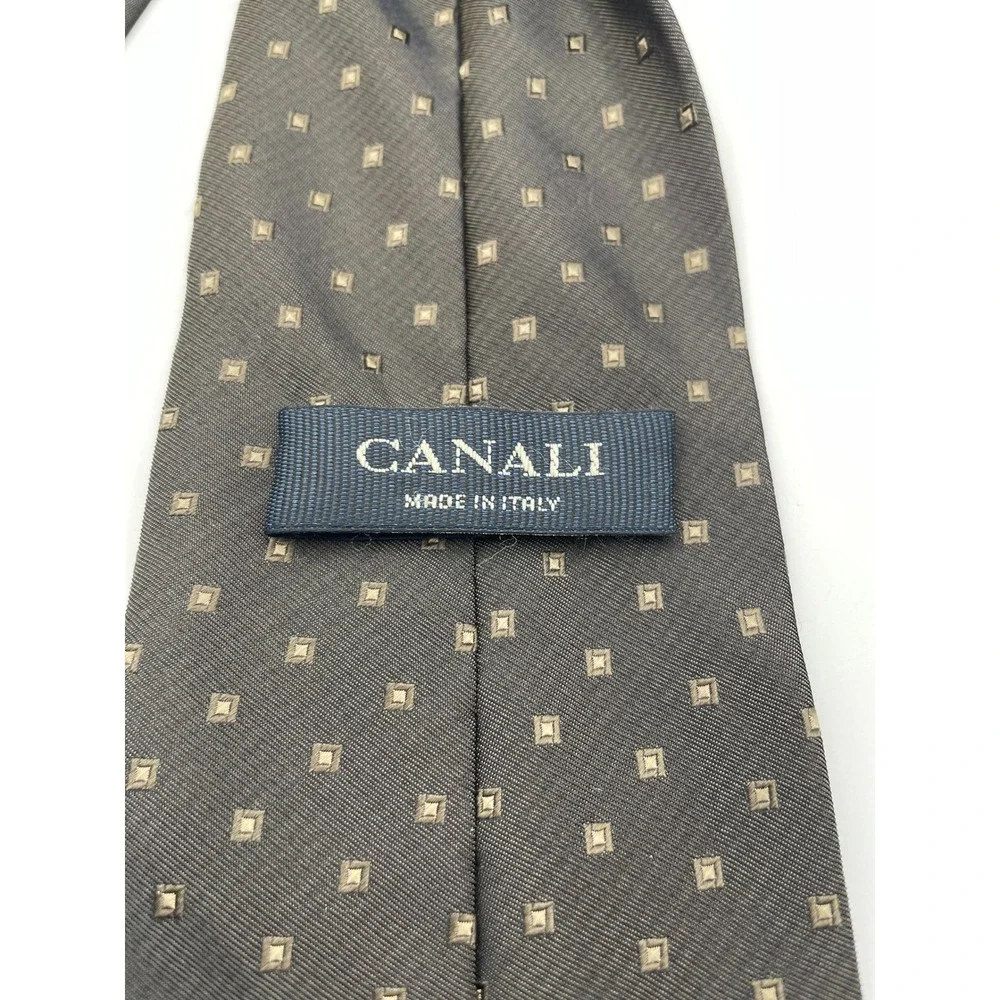 Canali Mens Silk Necktie Charcoal Grey Geometric Square Pattern Made in Italy
